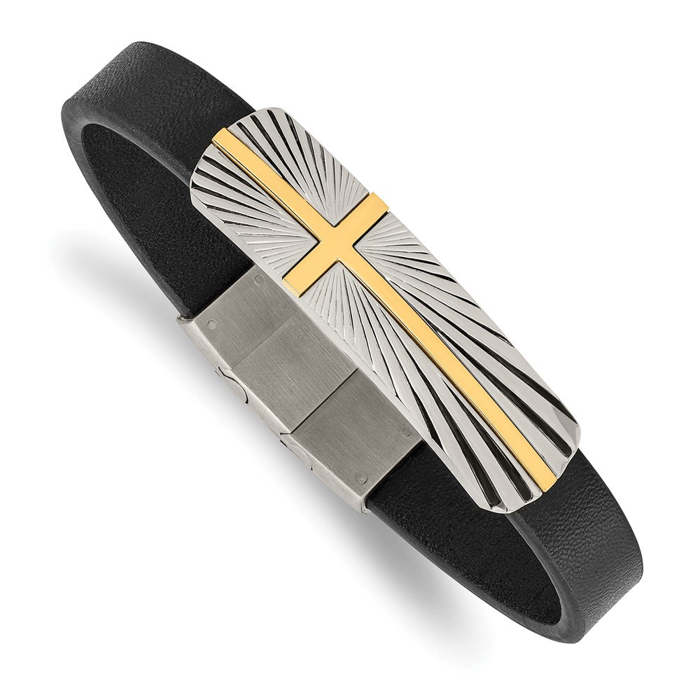 Stainless Steel Polished Yellow IP Cross Black Leather w/.5in ext BraceletSRB2988-8