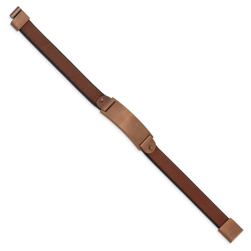 Stainless Steel Brushed Brown IP-plated Brown Leather 8.5in ID BraceletSRB2989-8.5