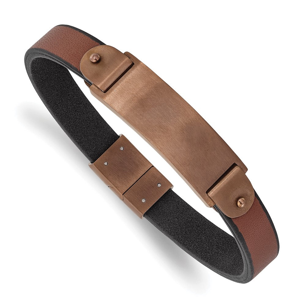 Stainless Steel Brushed Brown IP-plated Brown Leather 8.5in ID BraceletSRB2989-8.5
