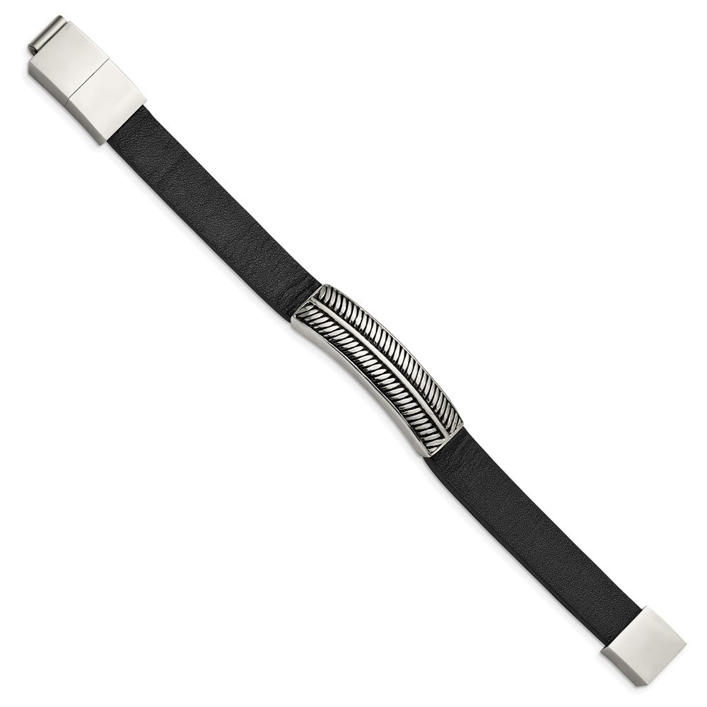 Stainless Steel Antiqued and Polished Black Leather w/.5in ext 8in BraceletSRB2991-8