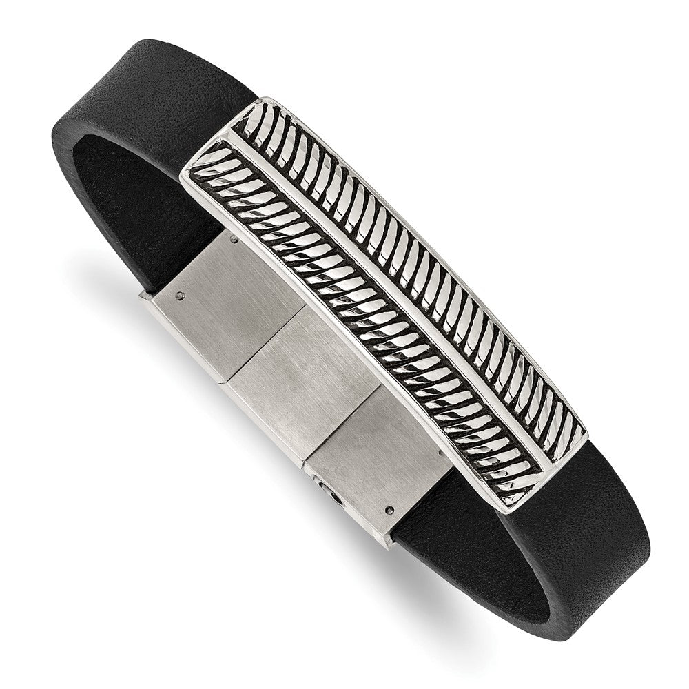 Stainless Steel Antiqued and Polished Black Leather w/.5in ext 8in BraceletSRB2991-8
