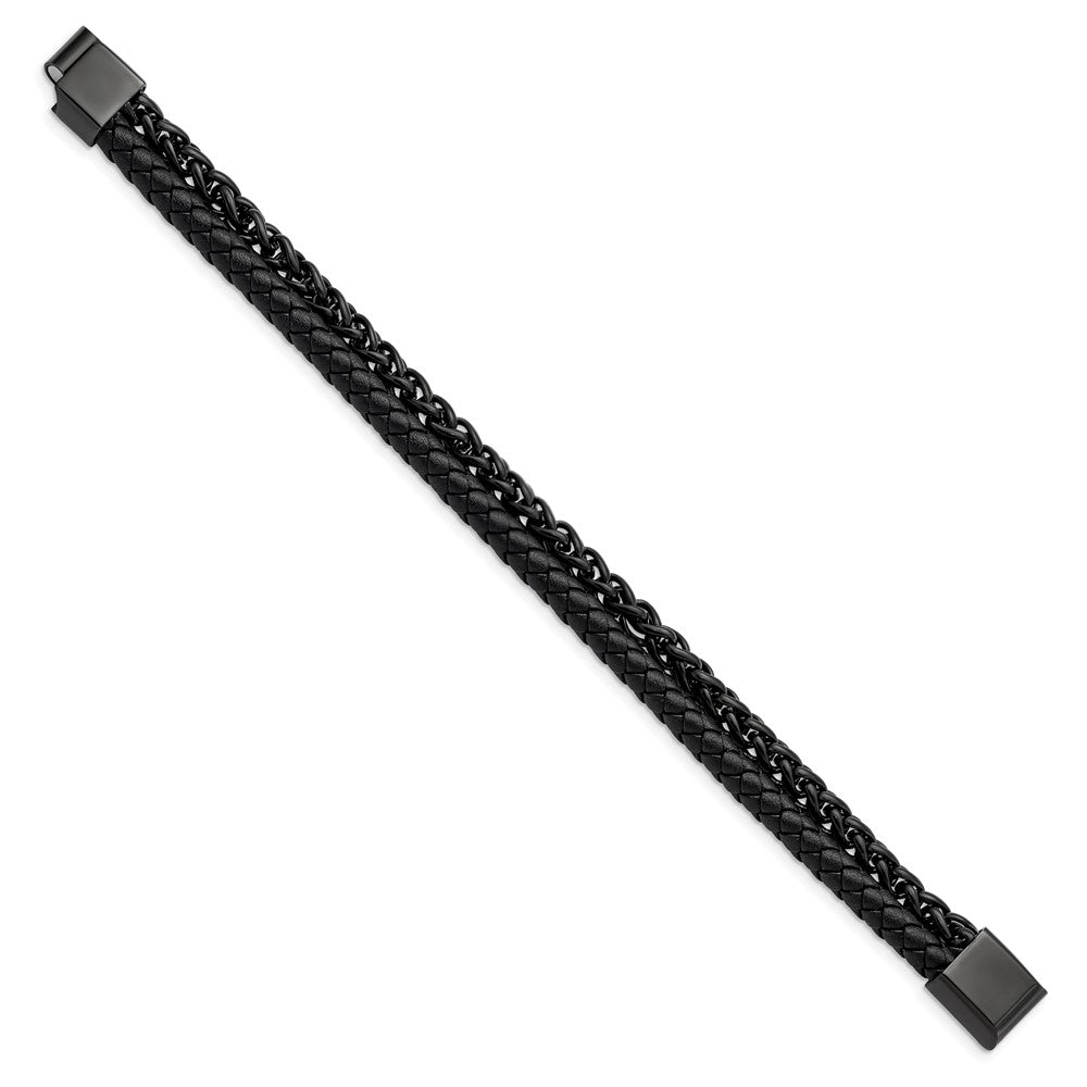 Stainless Steel Polished Black IP-plated Chain Black Leather 8.5in BraceletSRB2992-8.5