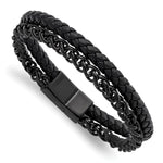 Load image into Gallery viewer, Stainless Steel Polished Black IP-plated Chain Black Leather 8.5in BraceletSRB2992-8.5
