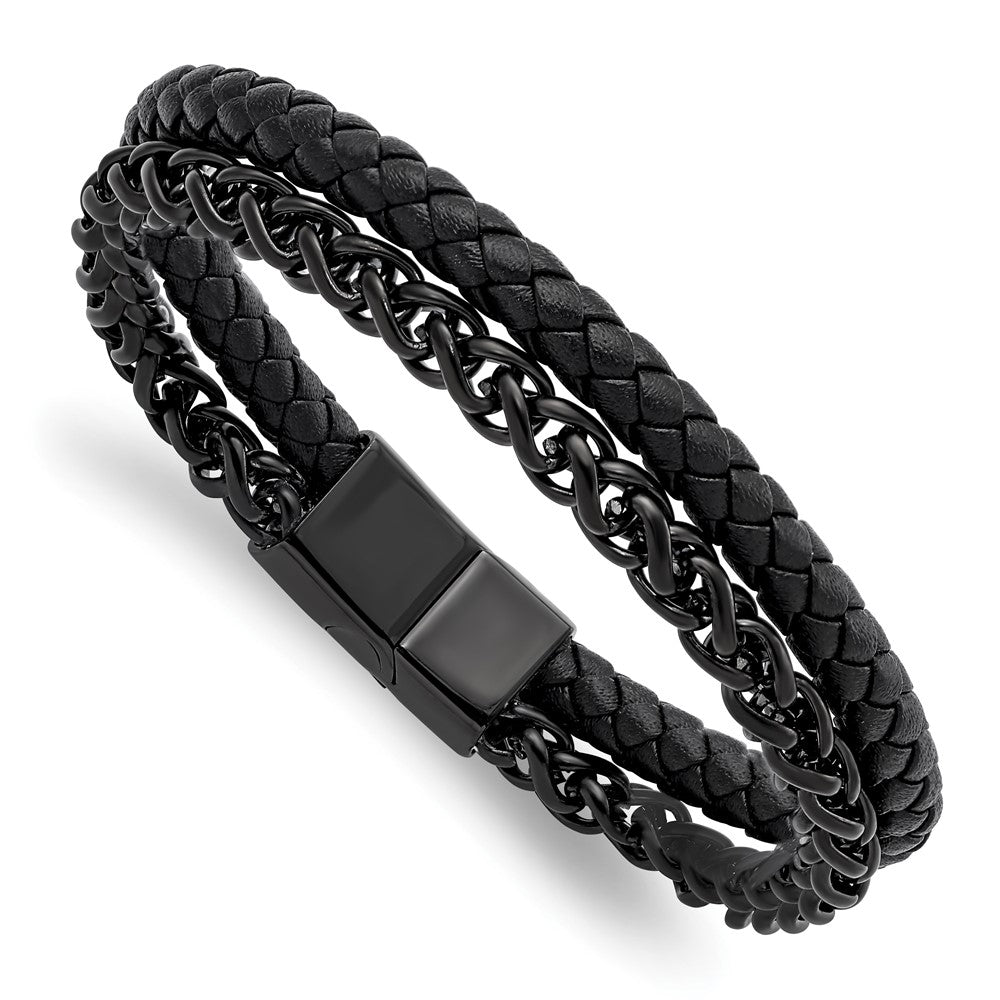 Stainless Steel Polished Black IP-plated Chain Black Leather 8.5in BraceletSRB2992-8.5