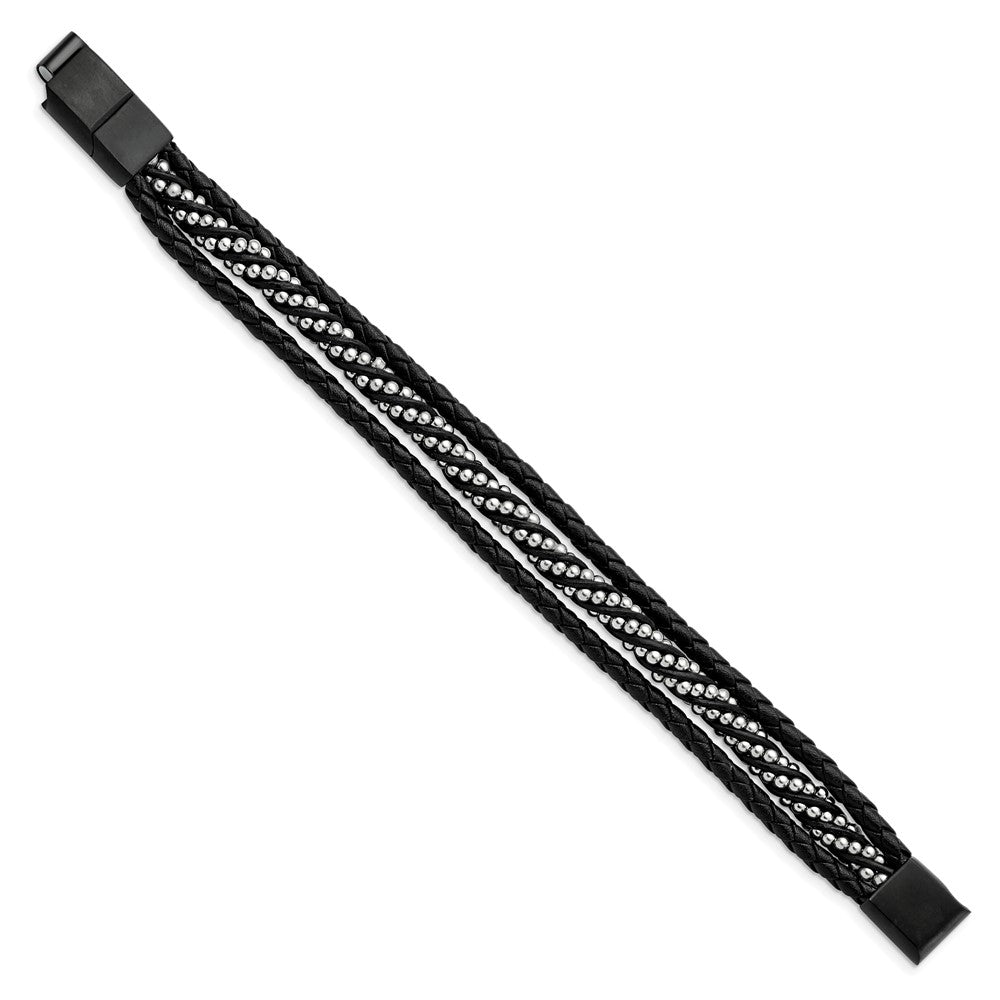 Stainless Steel Brushed & Polished Black IP Leather w/.5in ext 8in BraceletSRB2993-8