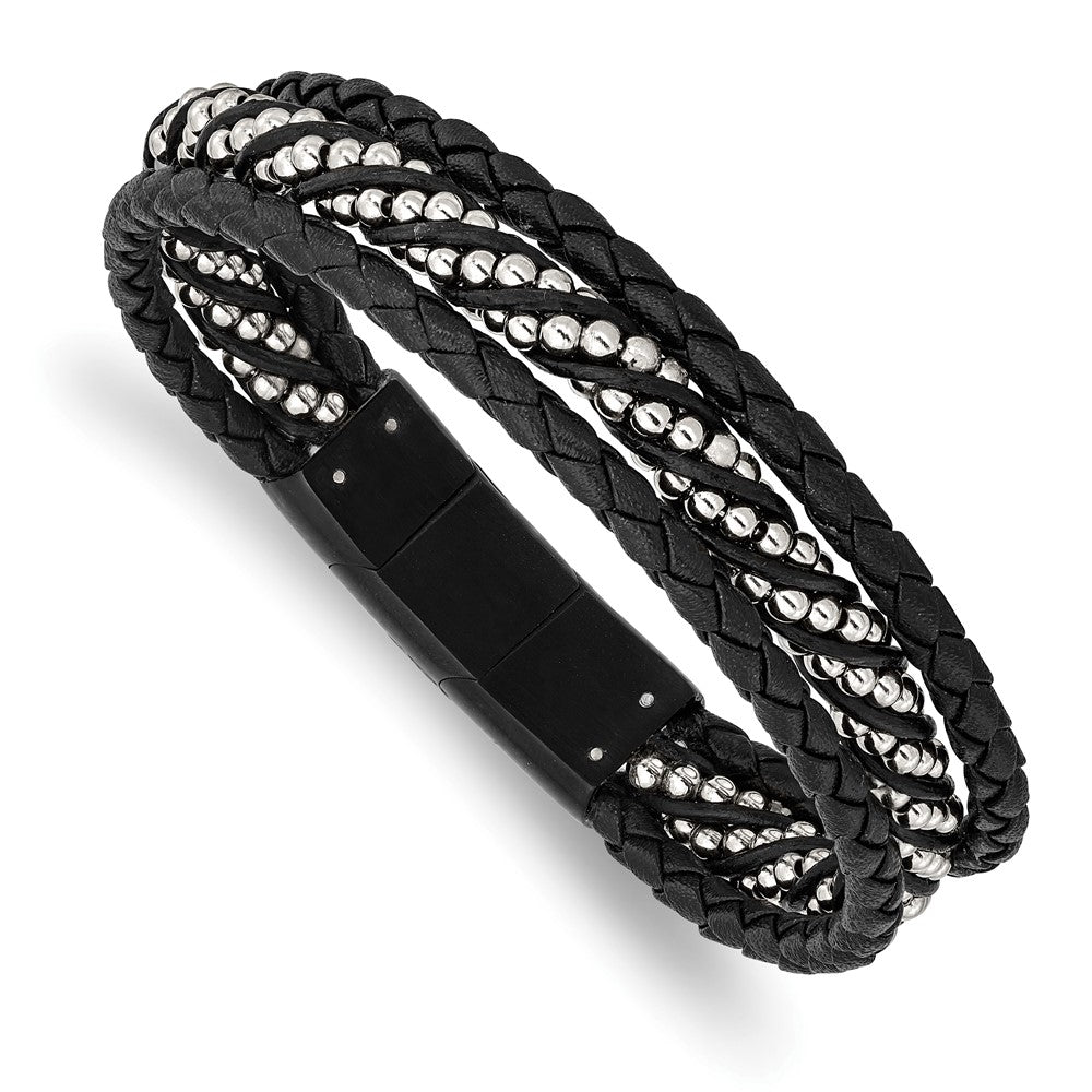 Stainless Steel Brushed & Polished Black IP Leather w/.5in ext 8in BraceletSRB2993-8