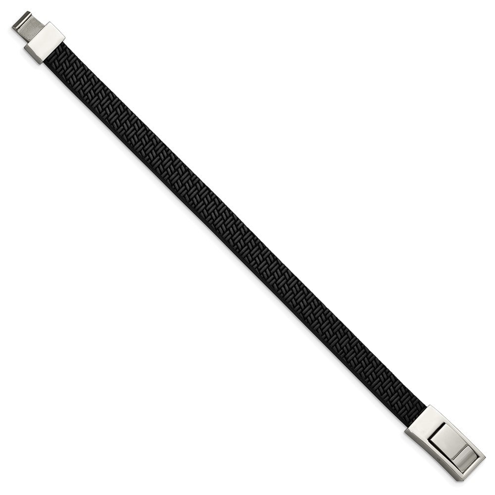 Stainless Steel Polished Textured Black Leather 8.5in BraceletSRB2994-8.5