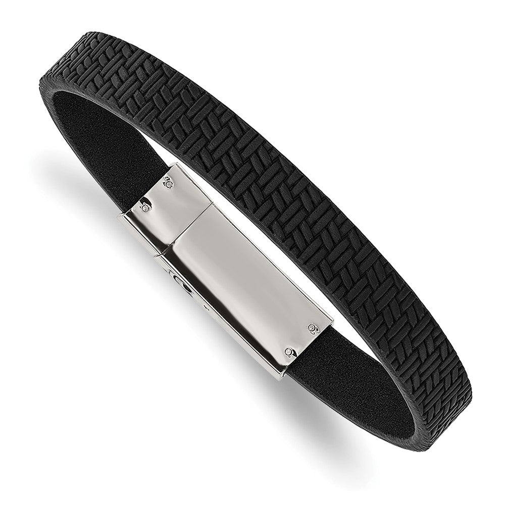 Stainless Steel Polished Textured Black Leather 8.5in BraceletSRB2994-8.5