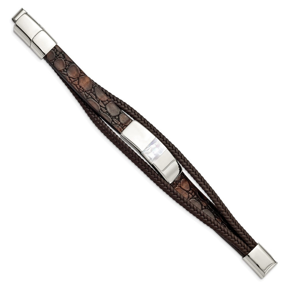 Stainless Steel Polished with Shell Pearl Leather w/.5in ext. 8in BraceletSRB2995-8
