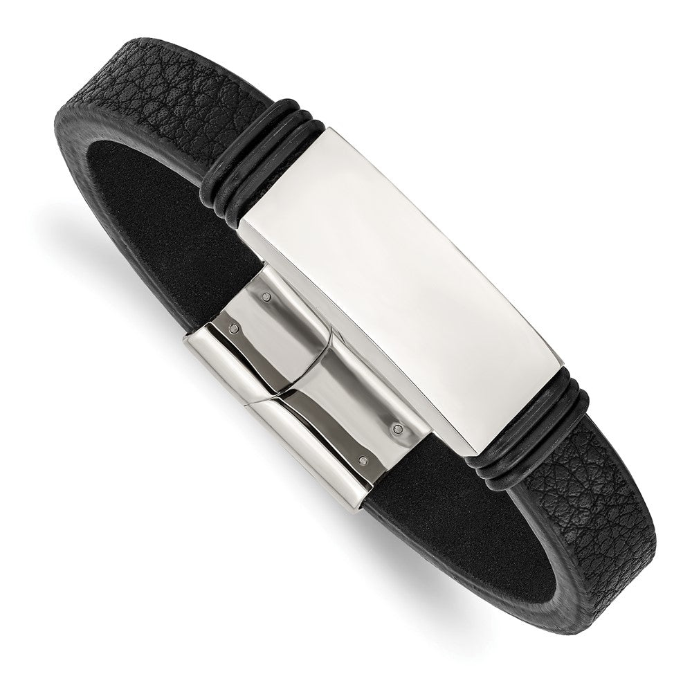 Stainless Steel Polished Black Rubber and Leather 8.5in ID BraceletSRB2996-8.5