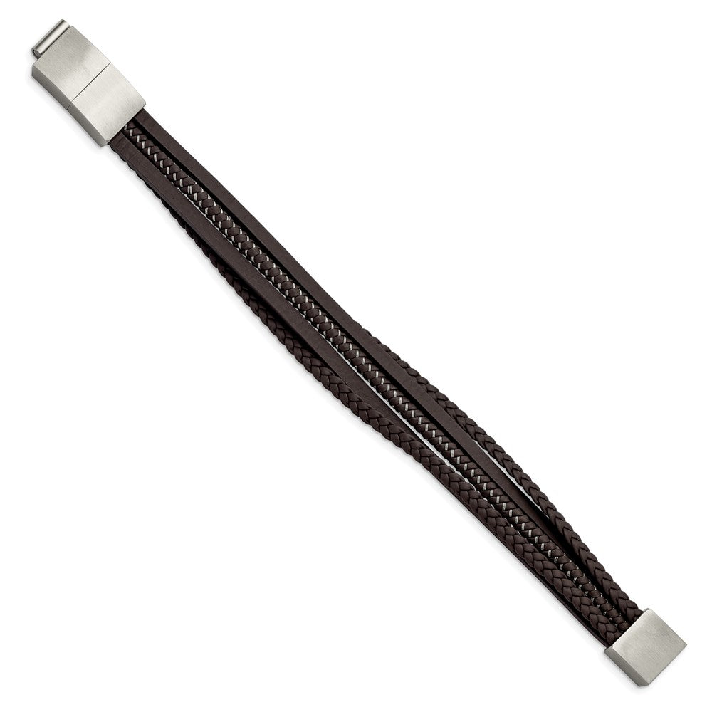 Stainless Steel Brushed Brown Braided Leather & Wire w/.5in ext BraceletSRB2997-8.25