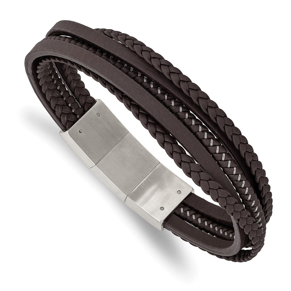 Stainless Steel Brushed Brown Braided Leather & Wire w/.5in ext BraceletSRB2997-8.25