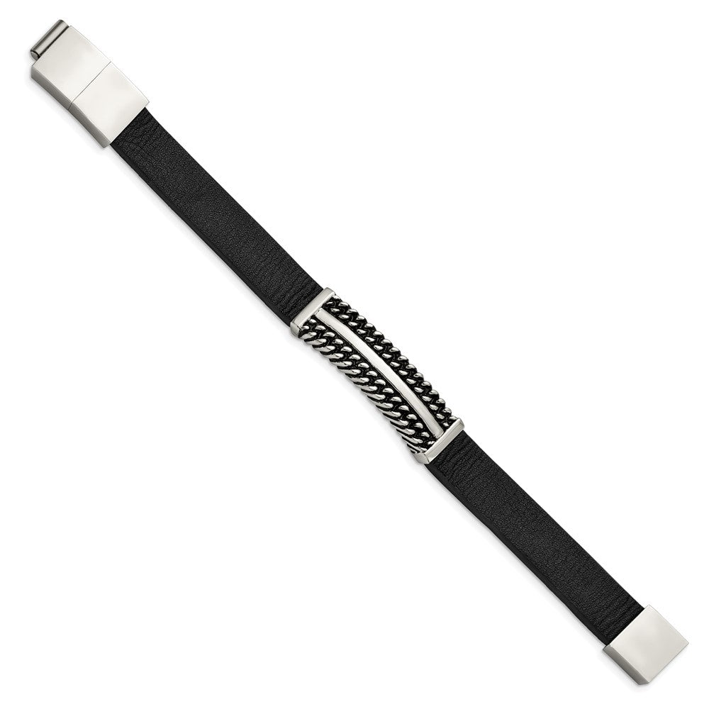 Stainless Steel Antiqued & Polished Black Leather w/.5in ext 8in BraceletSRB2998-8