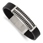 Load image into Gallery viewer, Stainless Steel Antiqued &amp; Polished Black Leather w/.5in ext 8in BraceletSRB2998-8
