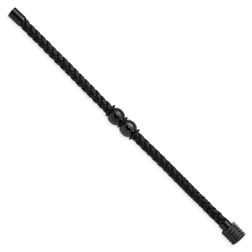Stainless Steel Polished Black IP Black Rubber and Leather 8.25in BraceletSRB2999-8.25