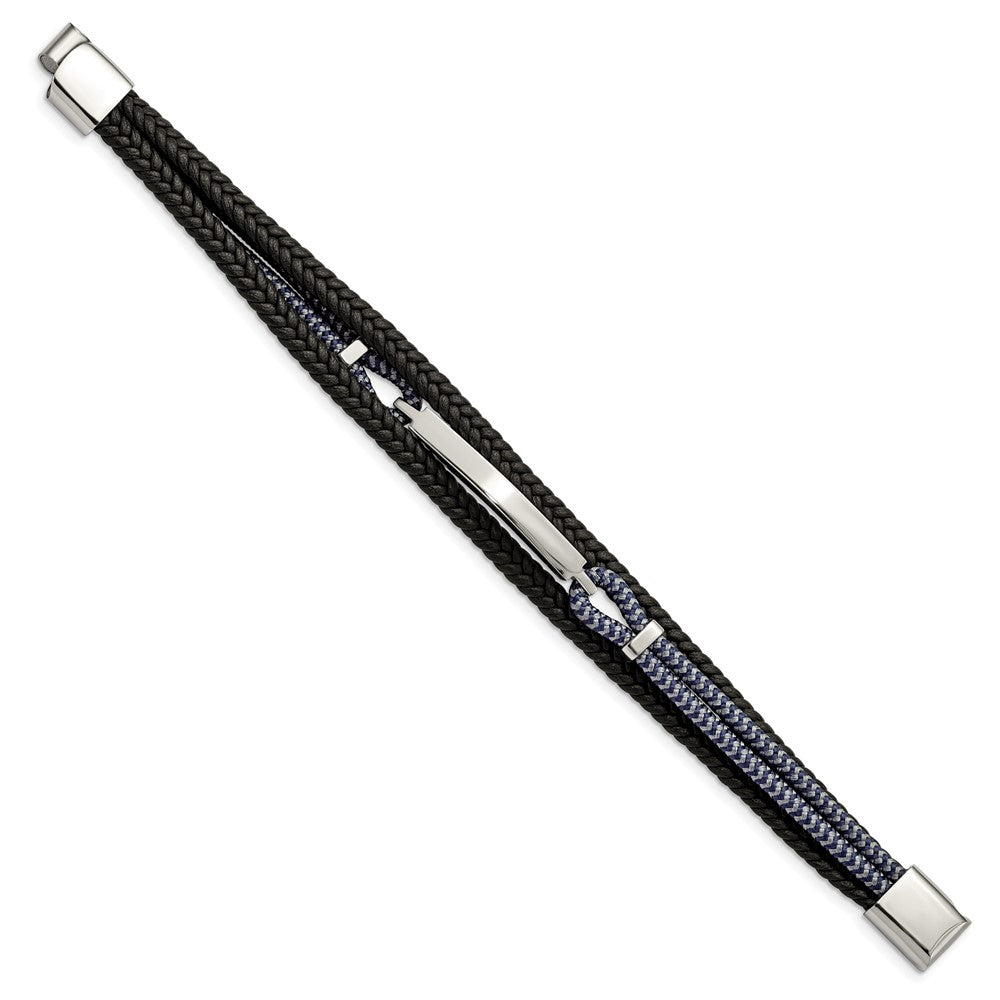Stainless Steel Polished Leather and Cotton Multi Strand 8.25in ID BraceletSRB3000-8.25
