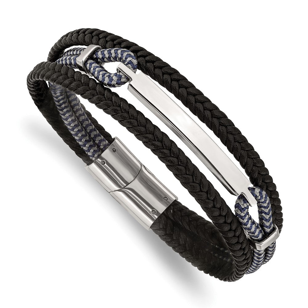 Stainless Steel Polished Leather and Cotton Multi Strand 8.25in ID BraceletSRB3000-8.25