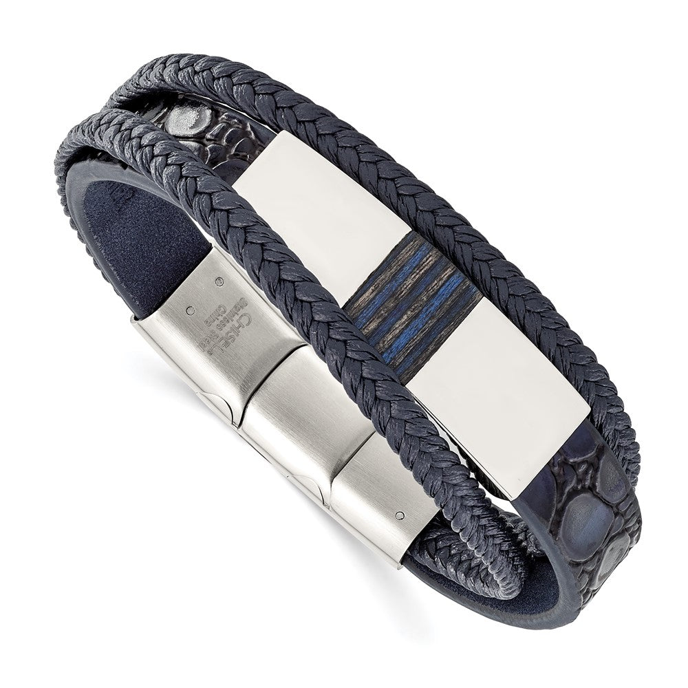 Stainless Steel Polished Blue Wood Blue Leather w/.5in ext 8in BraceletSRB3001-8