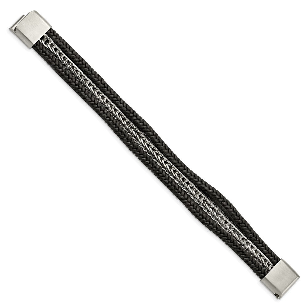 Stainless Steel Polished Multi Strand Black Leather 8.5in BraceletSRB3002-8.5