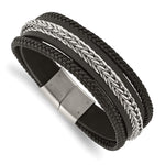 Load image into Gallery viewer, Stainless Steel Polished Multi Strand Black Leather 8.5in BraceletSRB3002-8.5
