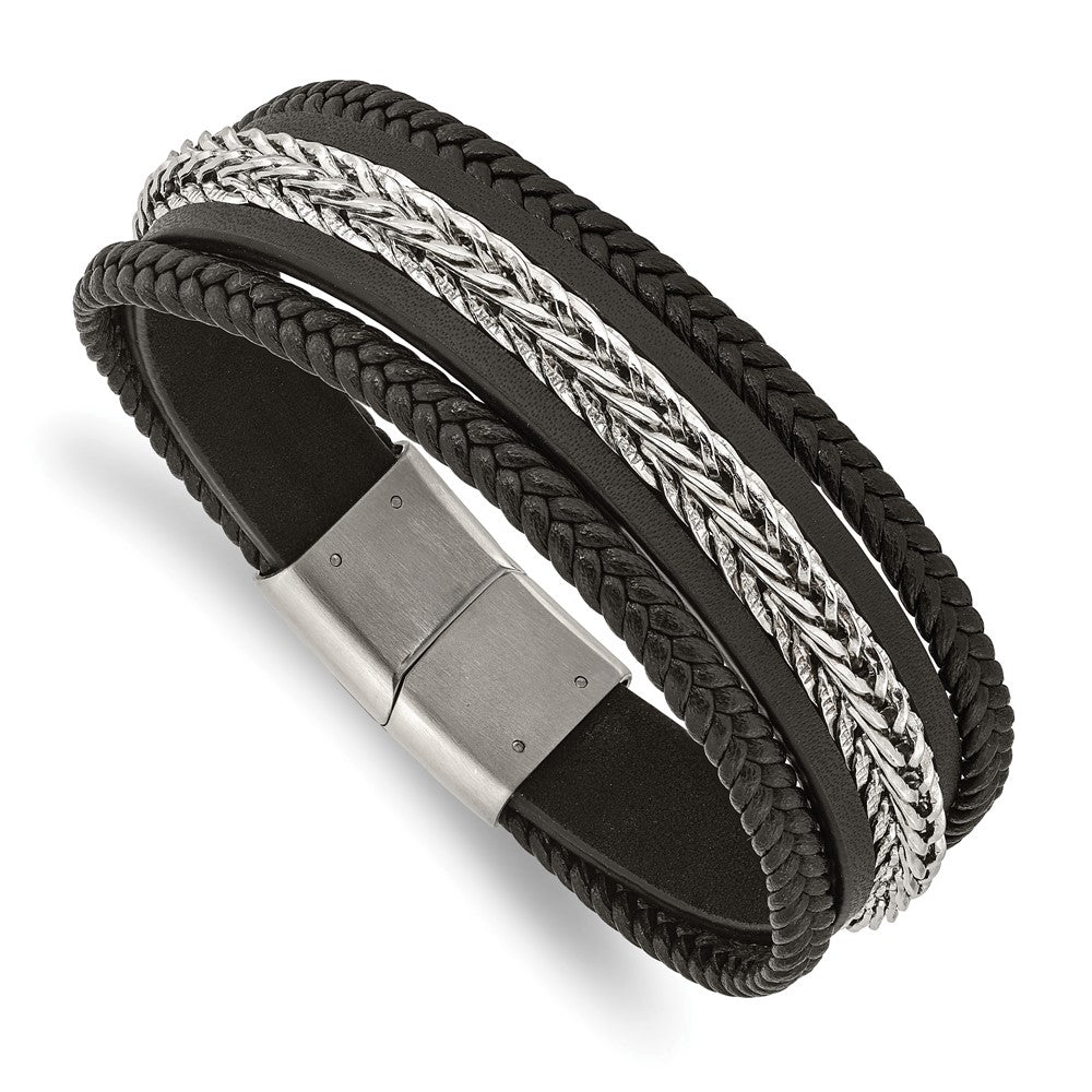 Stainless Steel Polished Multi Strand Black Leather 8.5in BraceletSRB3002-8.5