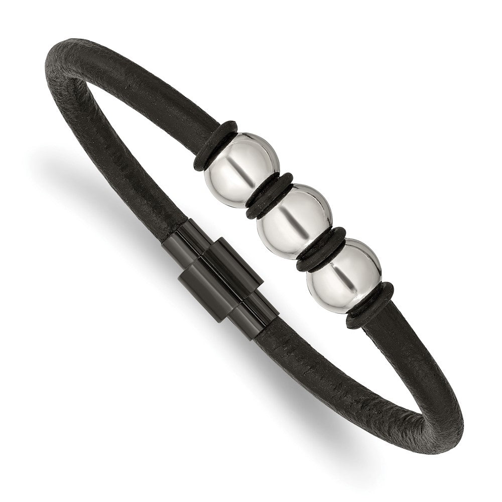 Stainless Steel Polished Black IP with Rubber Black Leather 8.5in BraceletSRB3003-8.5