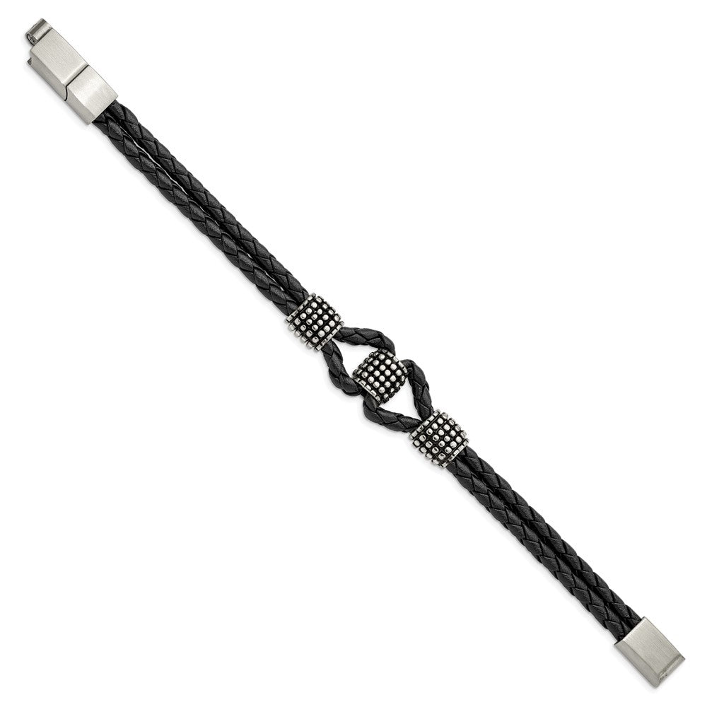 Stainless Steel Antiqued & Polished Black Leather w/.5in ext 8in BraceletSRB3004-8