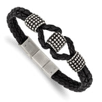 Load image into Gallery viewer, Stainless Steel Antiqued &amp; Polished Black Leather w/.5in ext 8in BraceletSRB3004-8
