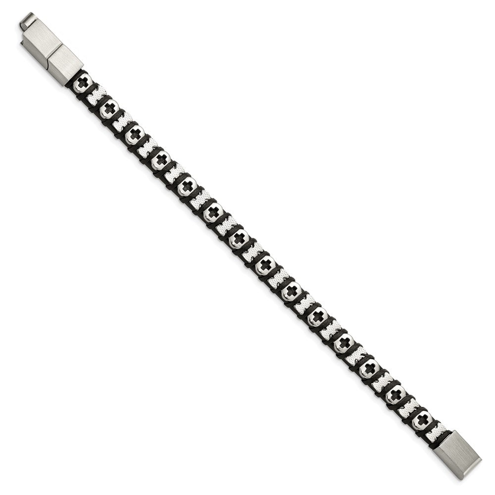Stainless Steel Polished Cross Black Leather w/.5in ext 8in BraceletSRB3005-8