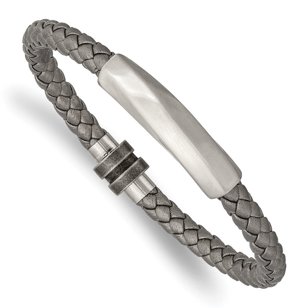 Stainless Steel Antiqued and Brushed Grey Leather 8.25in BraceletSRB3006-8.25