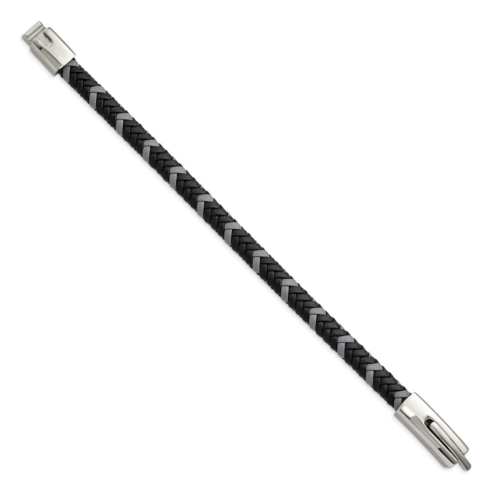 Stainless Steel Polished Black and Grey Braided Leather 8in BraceletSRB3007-8