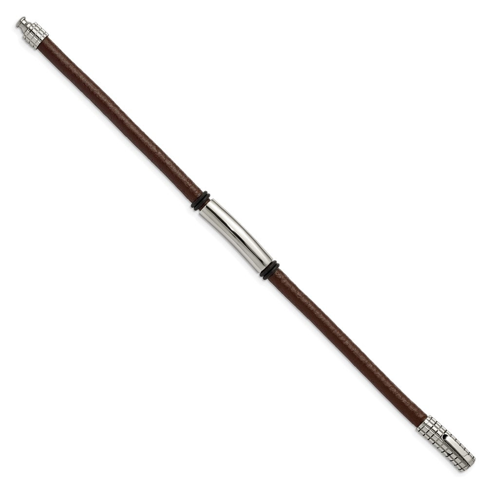 Stainless Steel Polished Black and Brown Rubber 8.5in BraceletSRB3008-8.5
