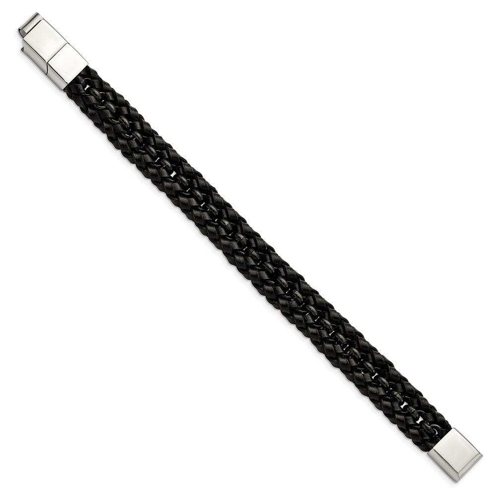 Stainless Steel Polished Black IP-plated Black Leather w/.5in ext BraceletSRB3009-8