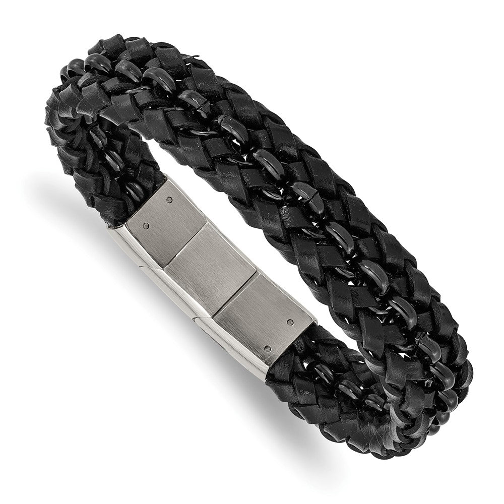 Stainless Steel Polished Black IP-plated Black Leather w/.5in ext BraceletSRB3009-8