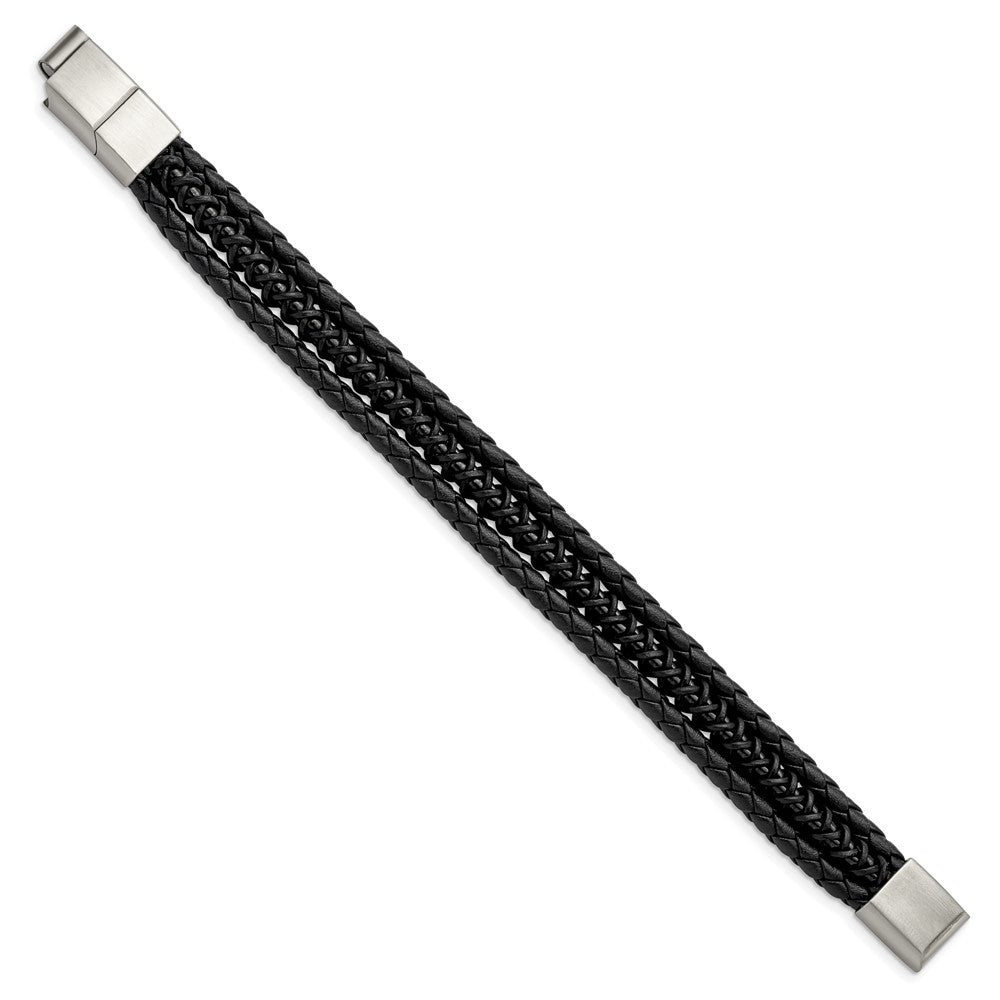 Stainless Steel Brushed & Polished Black IP Leather w/.5in ext BraceletSRB3010-8