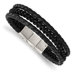 Load image into Gallery viewer, Stainless Steel Brushed &amp; Polished Black IP Leather w/.5in ext BraceletSRB3010-8
