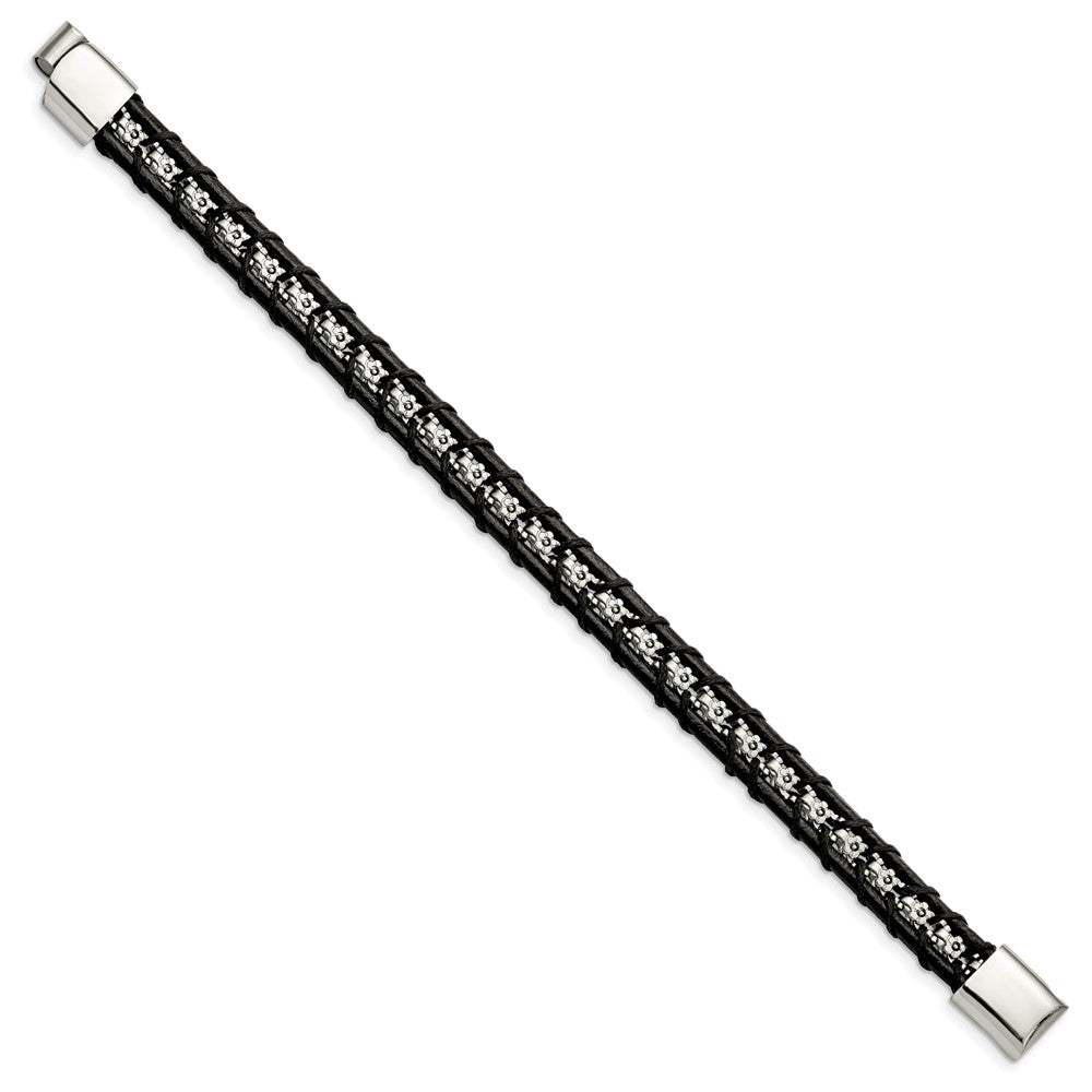 Stainless Steel Polished Flower Link Black Leather 8.25in BraceletSRB3011-8.25