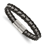 Load image into Gallery viewer, Stainless Steel Polished Flower Link Black Leather 8.25in BraceletSRB3011-8.25
