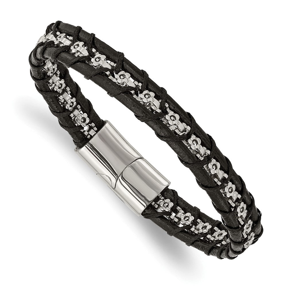 Stainless Steel Polished Flower Link Black Leather 8.25in BraceletSRB3011-8.25