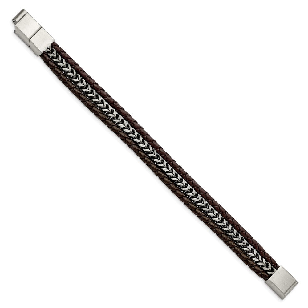 Stainless Steel Antiqued and Brushed Brown Leather w/.5in ext BraceletSRB3013-8.25