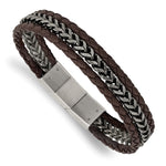 Load image into Gallery viewer, Stainless Steel Antiqued and Brushed Brown Leather w/.5in ext BraceletSRB3013-8.25
