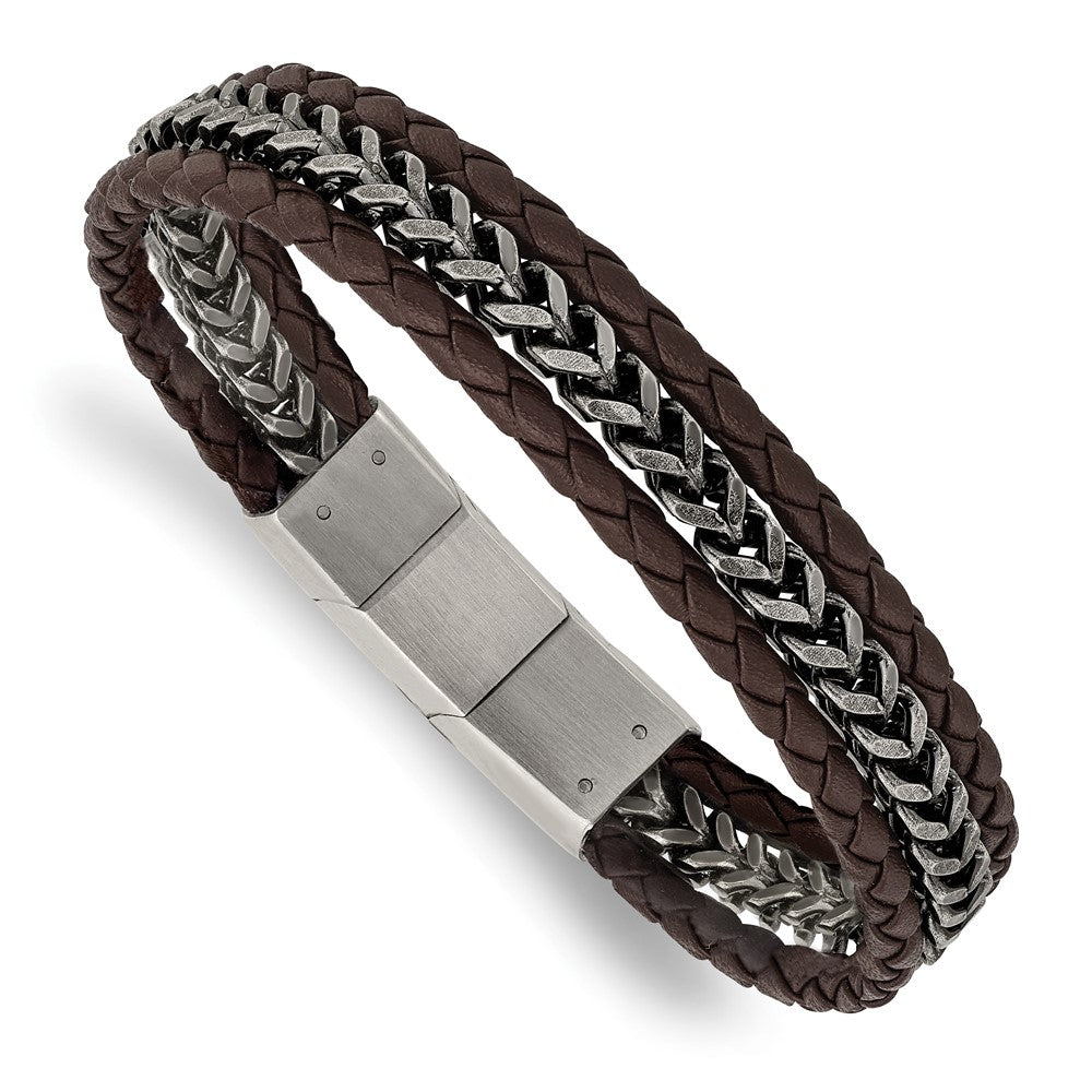 Stainless Steel Antiqued and Brushed Brown Leather w/.5in ext BraceletSRB3013-8.25