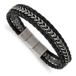 Load image into Gallery viewer, Stainless Steel Antiqued &amp; Brushed Blk Leather w/.5in ext 8.25in BraceletSRB3014-8.25
