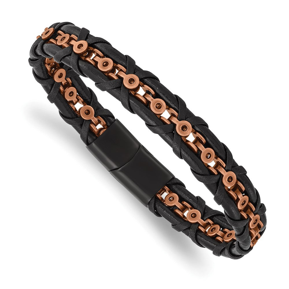 Stainless Steel Antiqued & Polished Rose IP-plated Leather 8.5in BraceletSRB3015-8.5