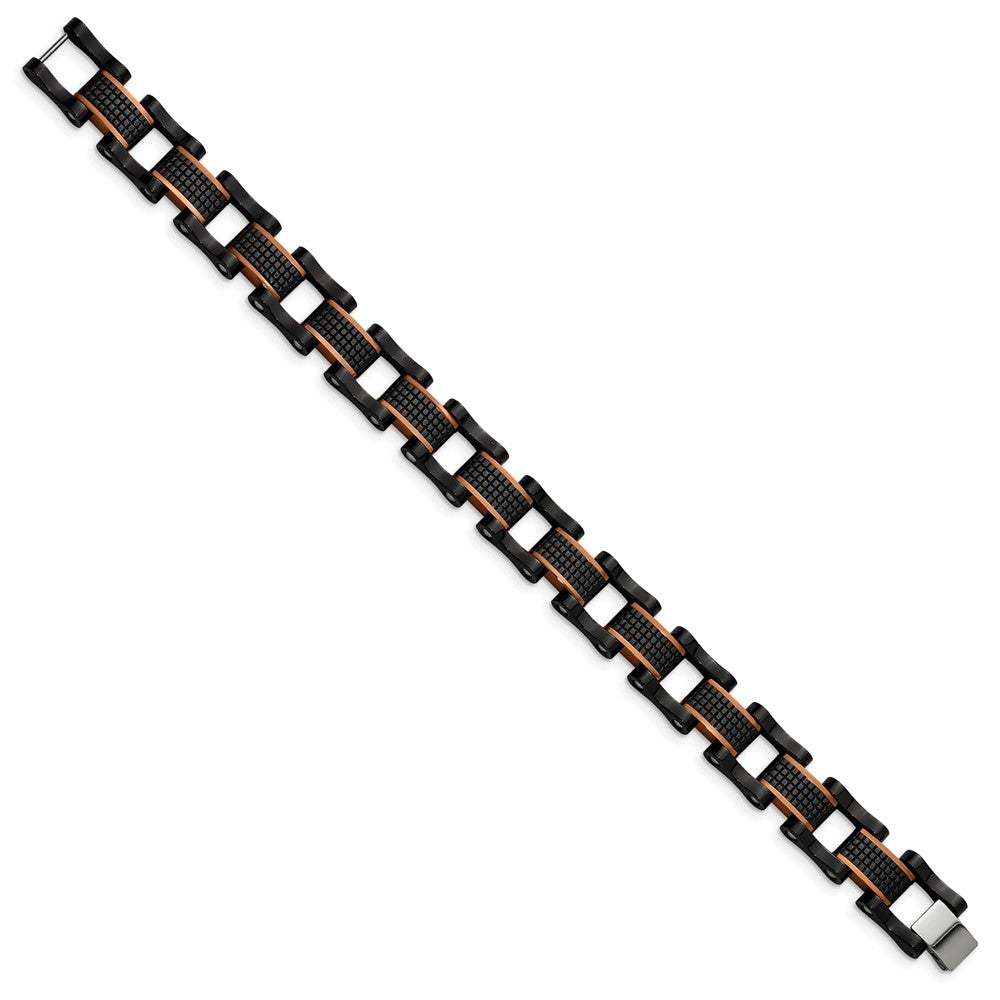 Stainless Steel Polished & Textured Black & Brown IP 8.25in Link BraceletSRB3016-8.25