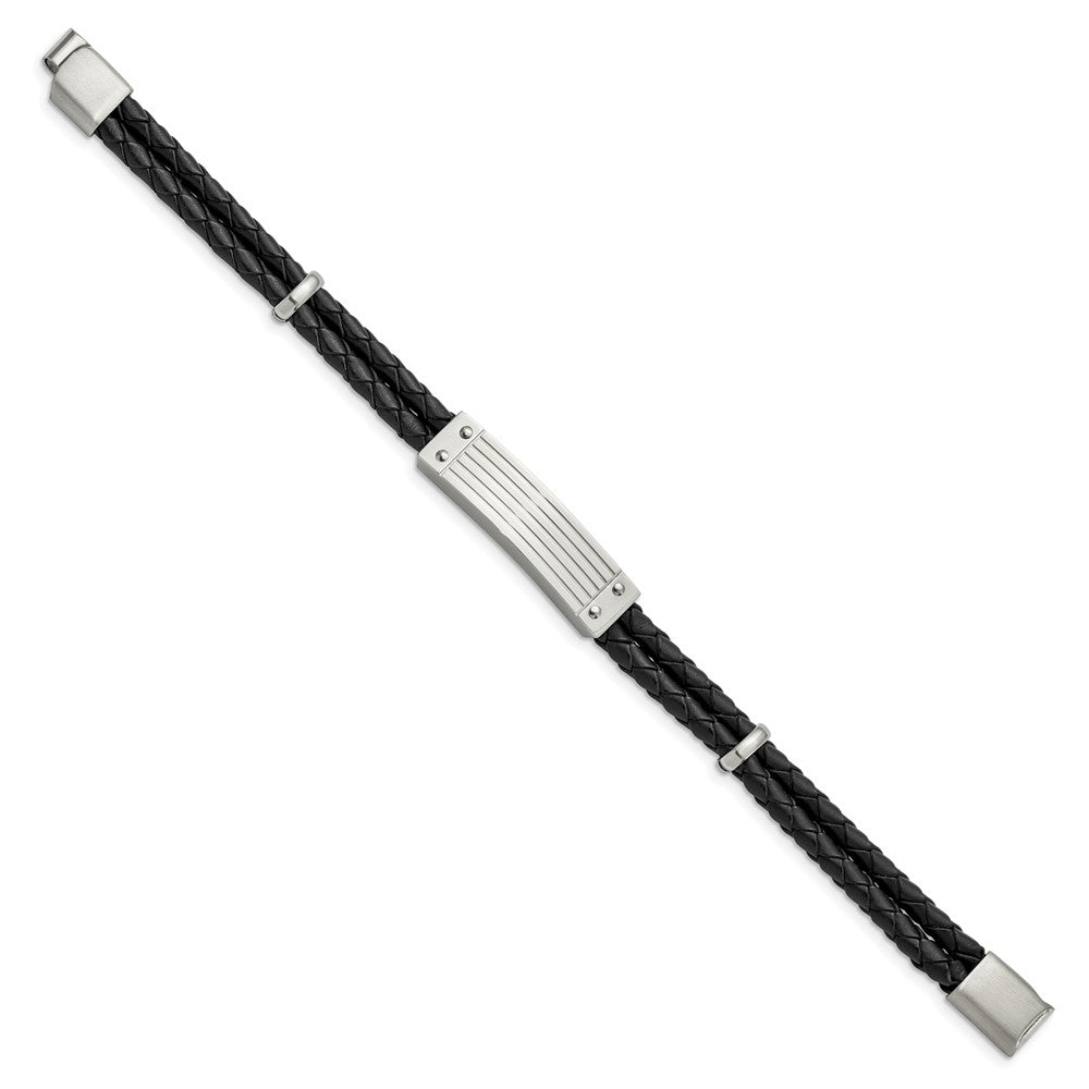 Stainless Steel Polished Black Woven Leather 2 Strand 8.25in BraceletSRB3018-8.25
