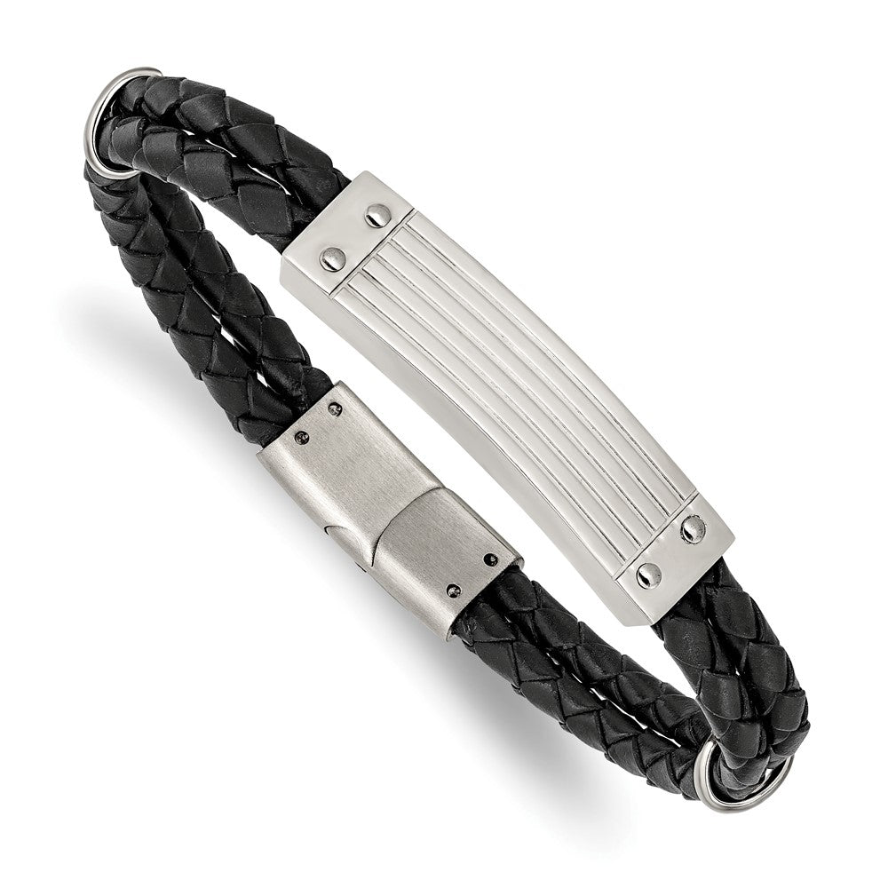 Stainless Steel Polished Black Woven Leather 2 Strand 8.25in BraceletSRB3018-8.25