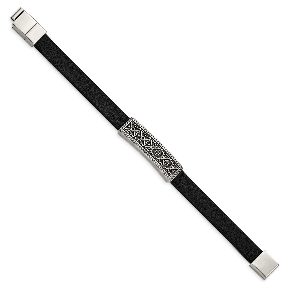 Stainless Steel Antiqued & Polished Black Leather w/.5in ext 8in BraceletSRB3019-8