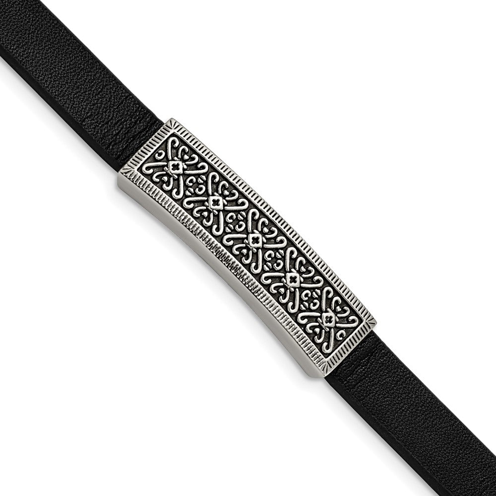 Stainless Steel Antiqued & Polished Black Leather w/.5in ext 8in BraceletSRB3019-8