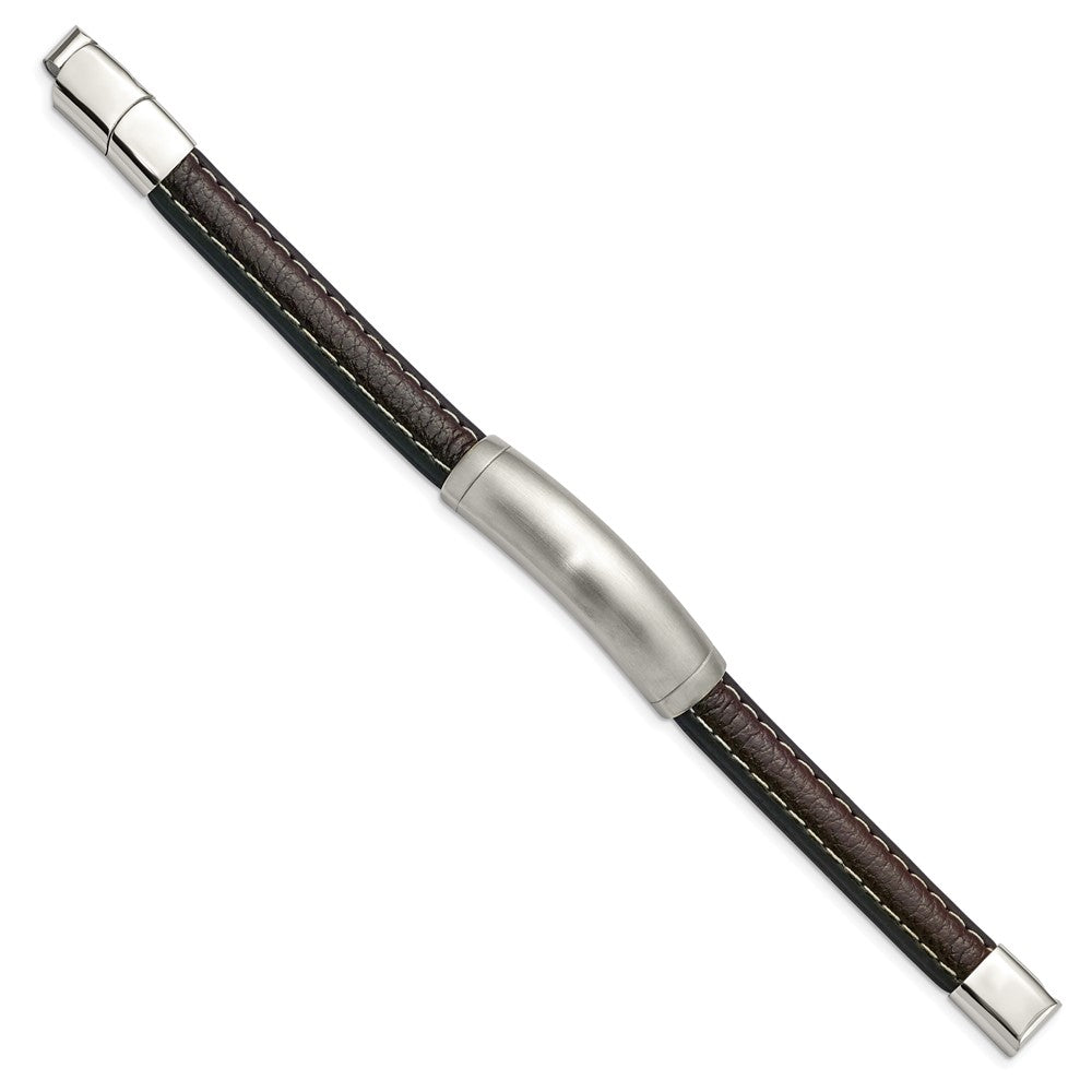 Stainless Steel Brushed Dark Brown Leather w/.5in ext 8in ID BraceletSRB3020-8